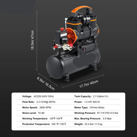 Luchtcompressor - Stille Luchtcompressor - 900W - 70Db - 2800RPM - Luchtblazer - Bandenpomp - Olievrij