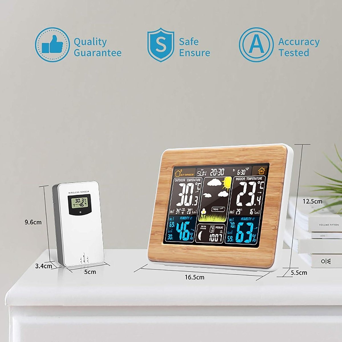 Draadloos Weerstation - met Buitensensor - DCF-Radioklok - Digitaal Kleurendisplay - Weersvoorspelling - Temperatuur - Luchtvochtigheidsalarm Binnen