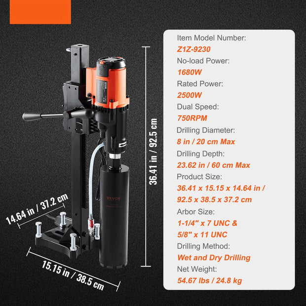 Diamantboormachine - Diamantboormachine - 3200W - 0-750 TPM - Nat En Droog Boren - Met 20 Cm Magnetische Boormachine - Geschikt voor Het Boren Van Gewapend Beton - Marmer - Zwart