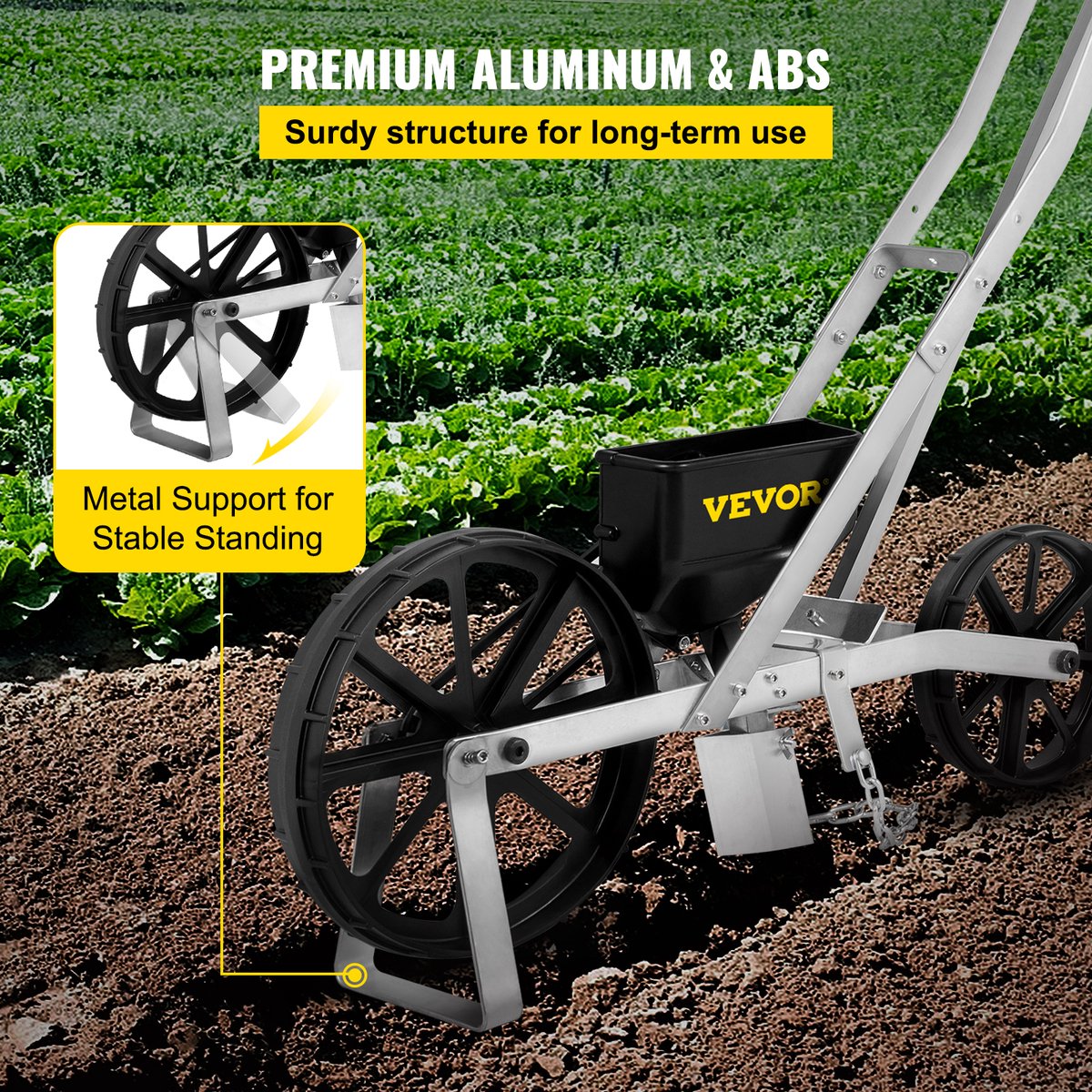 Tuin Push Zaaimachine - 78-84cm - Aluminium en ABS Rij Gewas Planter - met Zes Verwisselbare Zaadplaten en Rijmarkering - voor Het Zaaien van Verschillende Gewassen en Groenten
