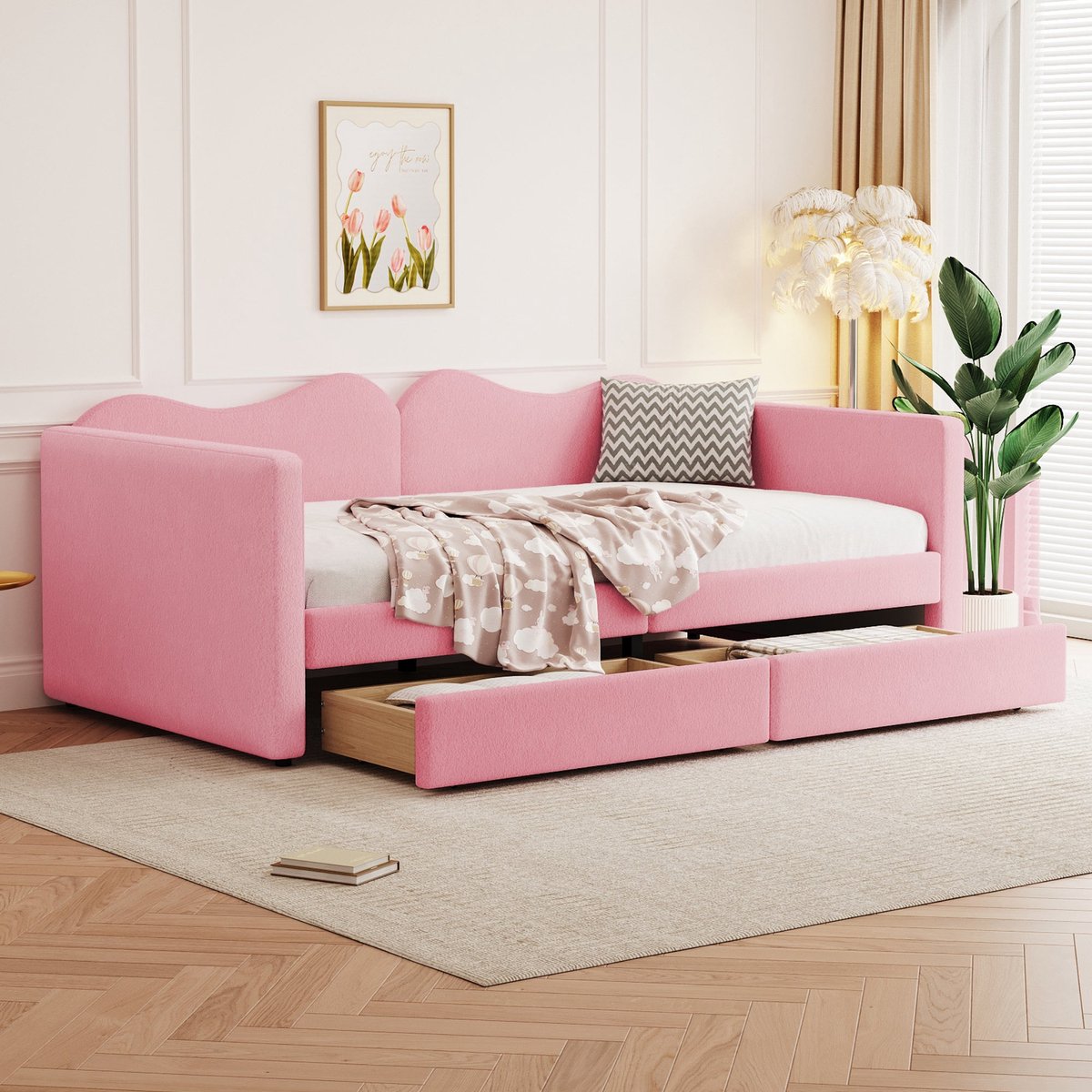 Kinderbed - Slaapbank met 2-laden - Teddybeerbedframe - Multifunctioneel Zacht -  Bed Met Rugleuning en Armleuningen -  90*200 cm - Roze  Jeugdbed -  (Ween matras)
