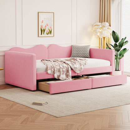 Kinderbed - Slaapbank met 2-laden - Teddybeerbedframe - Multifunctioneel Zacht -  Bed Met Rugleuning en Armleuningen -  90*200 cm - Roze  Jeugdbed -  (Ween matras)