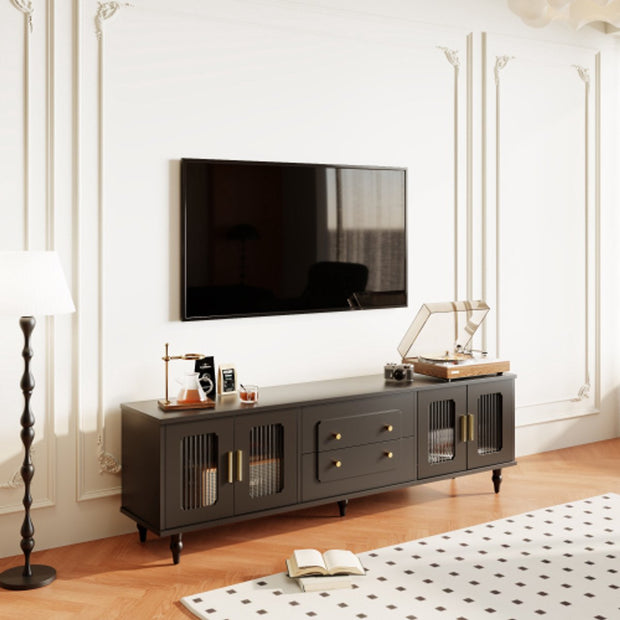Lowboard - Tv-Meubel in Retrostijl - Gouden Handgrepen - Veel Opbergruimte - Met Glazen deur - en Massief Houten Poten - Zwart
