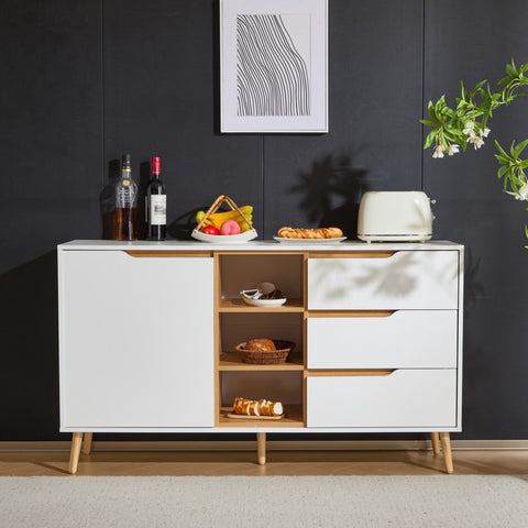 Moderne witte dressoirkast – 140x40x80,5 cm – Opbergkast met 3 lades, open compartimenten en planken – Dressoir met kantelbeveiliging – Voor woonkamer, hal of slaapkamer