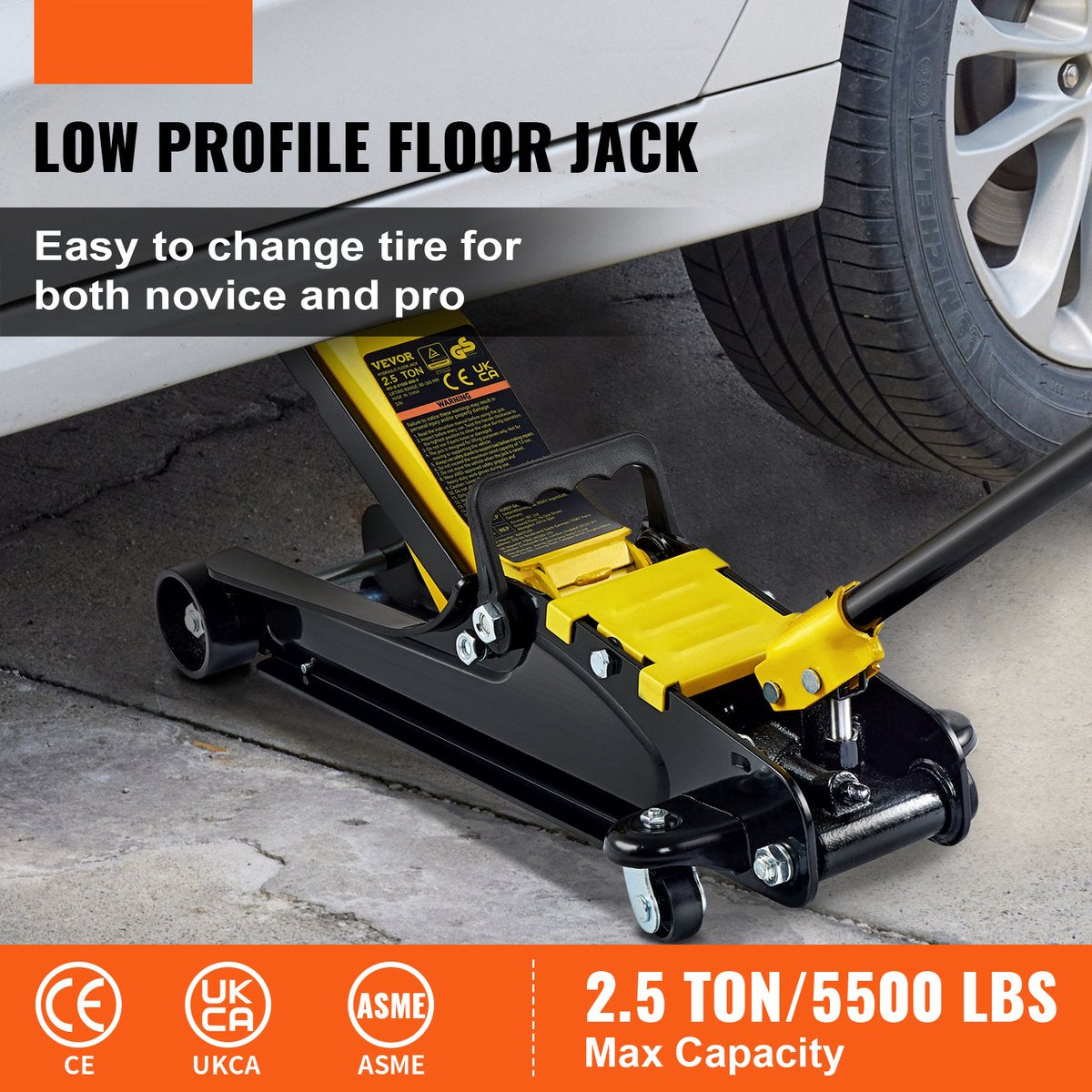 Laag Profiel Vloerkrik - Hydraulisch - Hefbereik 85-380 mm - Stalen Constructie - Veilig Rubber Zadel - Geschikt voor Auto's - SUV's, Vrachtwagens - QUORE