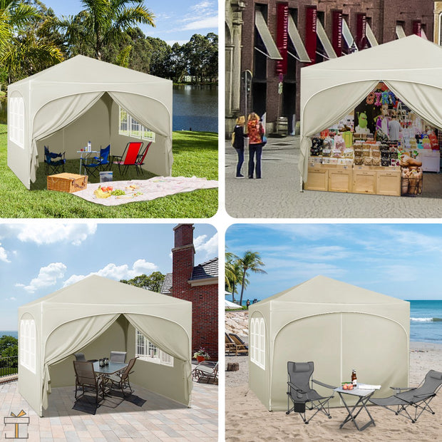 Partytent met zijwanden - Beige - Opvouwbaar - Easy up - Paviljoen - Waterdicht weerbestendig - 3x3 m