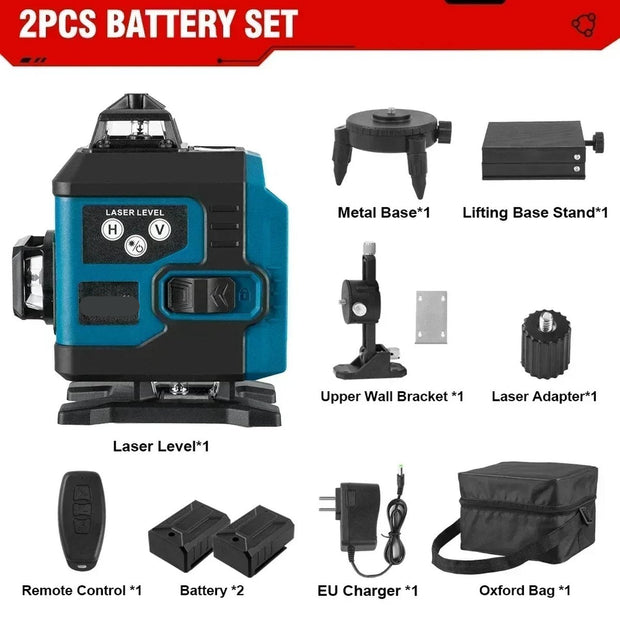 Kruislijnlaser - Bouwlaser met 4D Lasers - Kruislaser met 2 Oplaadbare Lithium Batterij - Inclusief Opbergkoffer en Afstandsbediening - 360 Graden Roterend - Met App Bediening