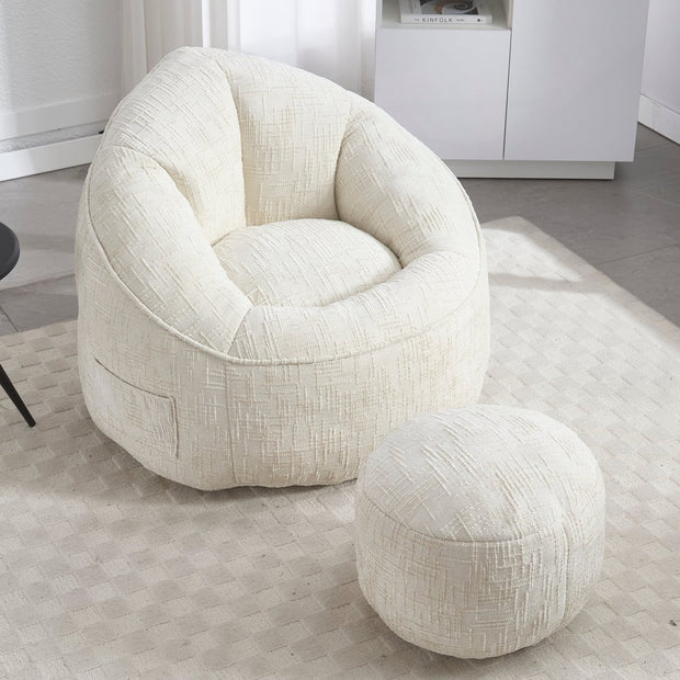 Zitzak met Voetensteun - Stoel met Hoge Druk Schuimvulling - Ergonomisch Ontwerp - Chenille Stof - 89x88x76 cm - Beige