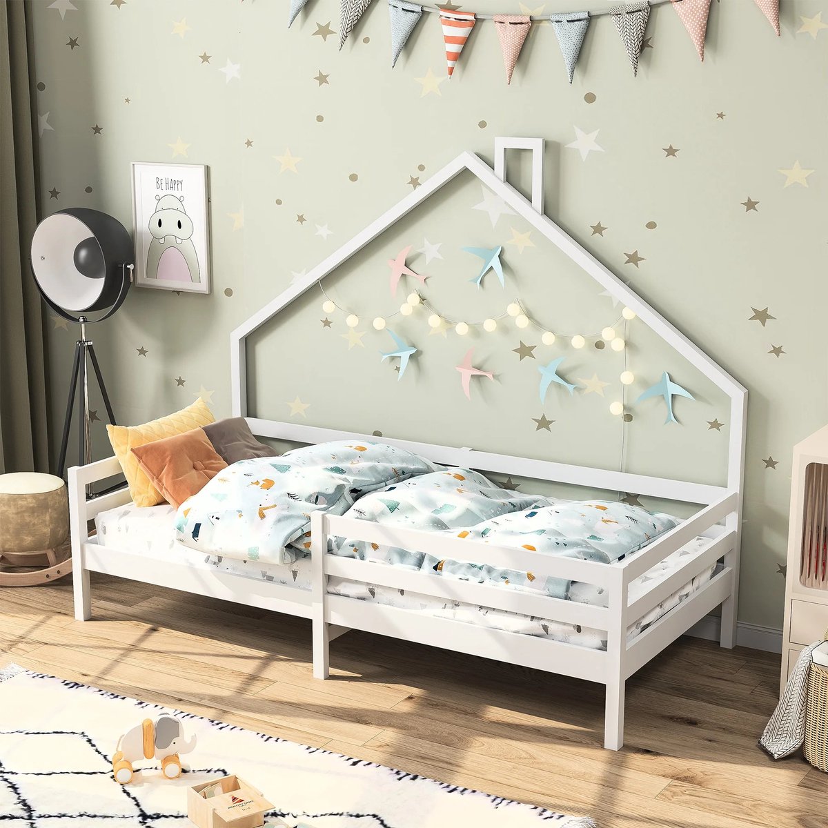 Children's House Bed - Solid Wood - Slatted Base - Pine House Bed With Roof - White - 90x200cm