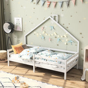 Kinderhuis Bed - Massief Hout - Lattenbodem - Grenen Huisbed Met Dak - Wit - 90x200cm