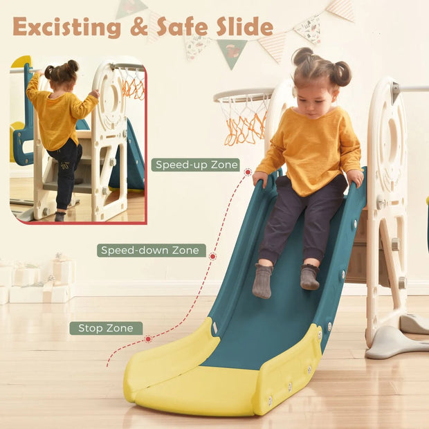 5 in 1 Kinderglijbaan Combinatie - Glijbaan, Schommel, Auto, Basketbal net - 182x172x115 cm
