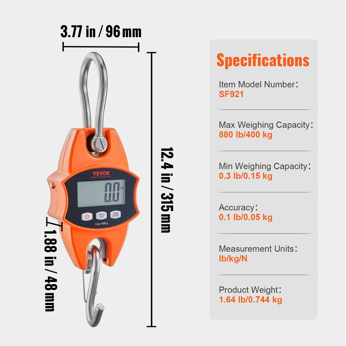 Kraanweegschaal - Nauwkeurige Meting - LCD-scherm - S-haak - 0,05 kg Nauwkeurigheid -0,15 tot 400 kg Capaciteit - voor de Jacht, Visserij, Landbouw, Boogafstemming en Andere Lichte Weegsituaties - Oranje