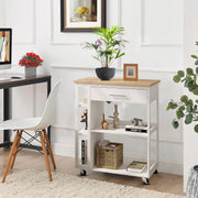 Keuken Trolley Met Werkblad - Keukentrolley op Wieltjes – Met Lade en Open Planken - Inclusief Rem voor de wieltjes - Mobiele Kruideniers Kast / Opbergrek - Wit