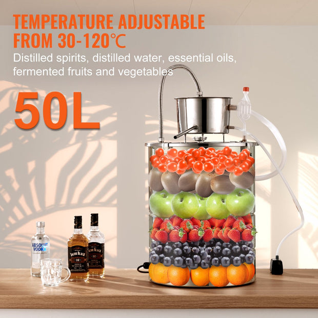 Alcohol Water Distilleerder – 50L Roestvrijstalen Distillatieapparaat – 2800W Elektrische Verwarmer – Complete Set voor Whisky - Wijn - Wodka en Essentiële Oliën