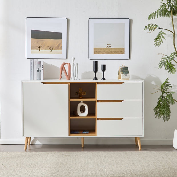 Moderne witte dressoirkast – 140x40x80,5 cm – Opbergkast met 3 lades, open compartimenten en planken – Dressoir met kantelbeveiliging – Voor woonkamer, hal of slaapkamer