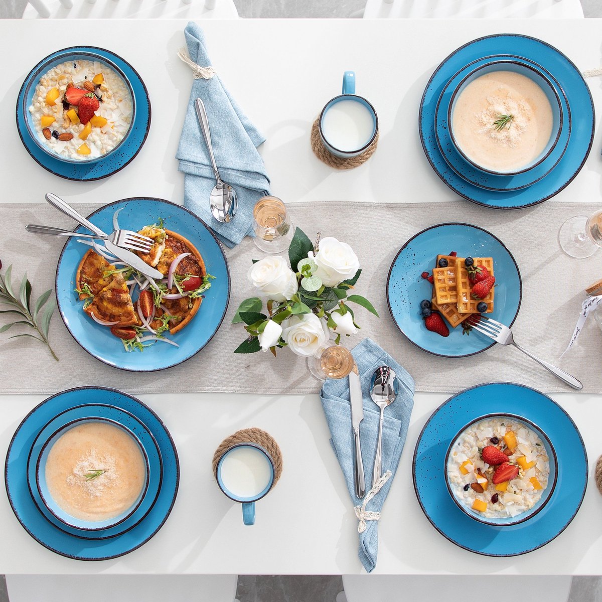 Luxe Serviesset- 16 Delig – 4 Persoons – Keramiek - Bordenset – Dinnerplaten – Dessertborden - Kommen - Mokken - Aquablauw