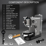 Espressoapparaat - Professionele Kwaliteit - 20 Bar - Semi-automatisch - Melkopschuimer - Inclusief Koffiemolen - Barista - Espresso - Cappuccino - Latte en Mocha