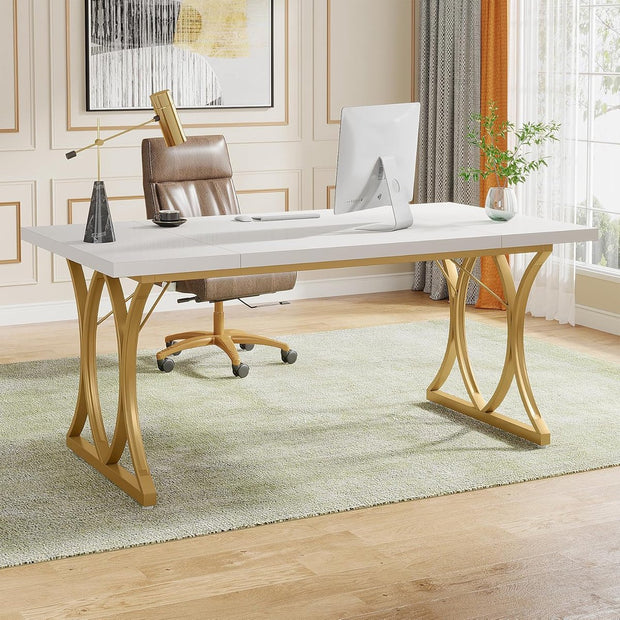 Bureau - Modern Bureau met Gouden Metalen Frame - Computerbureau - Computer Tafel - Bureautafel - Wit en Goud - 159 x 79 x 78 cm