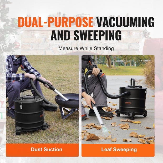 Elektrische Aszuiger - 1200W - Grote Capaciteit van 20 Liter - HEPA Systeem - Flexibele Slang van 1,2 m - Multifunctioneel voor Open Haarden - Tuinreiniging en Meer - Inclusief Aluminium Buis - Rollen en Filter - Zwart