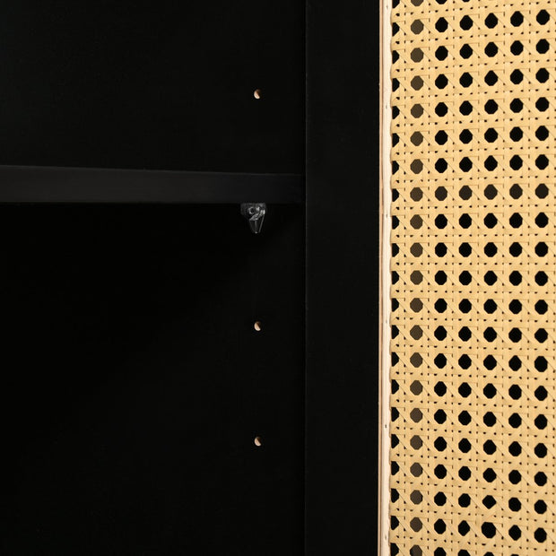 Dressoir - Zwart - met 3 Deuren - Veel Opbergruimte - Kunstrotan Deuren en Metalen Handgrepen - is een Accentstuk in de Eetkamer - Woonkamer en Keuken