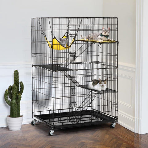 4-niveaus huisdierenkooi met wieltjes - grote kooi- hoogte 123 cm - 2 deuren - Zwart