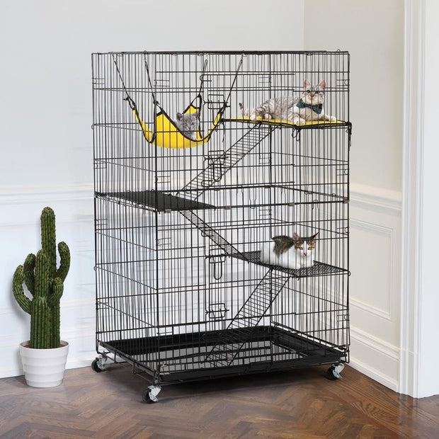 4-niveaus huisdierenkooi met wieltjes - grote kooi- hoogte 123 cm - 2 deuren - Zwart