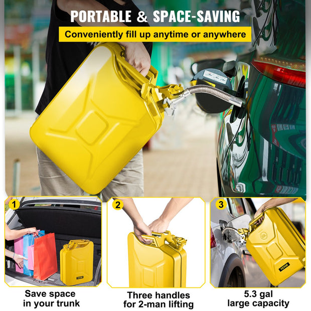 Benzinejerrycan - 0.8 mm Dik Koudgewalst Staal - met Ergonomische Handgrepen - met Flexibele Uitloopauto's - 30 x 15 x 18.5 Inch 20 Liter - Geel