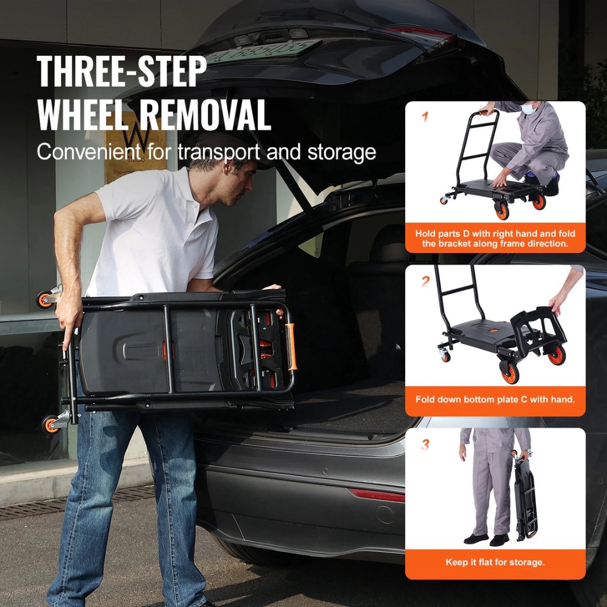 Inklapbare Steekwagen - Opvouwbare Handtruck - 2 in 1 Aluminium Kar - Kar Voor Transport - Magazijn Kar - Ergonomisch Ontwerp - Zwart - Max. 150KG