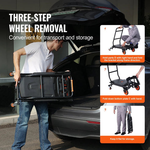 Inklapbare Steekwagen - Opvouwbare Handtruck - 2 in 1 Aluminium Kar - Kar Voor Transport - Magazijn Kar - Ergonomisch Ontwerp - Zwart - Max. 150KG