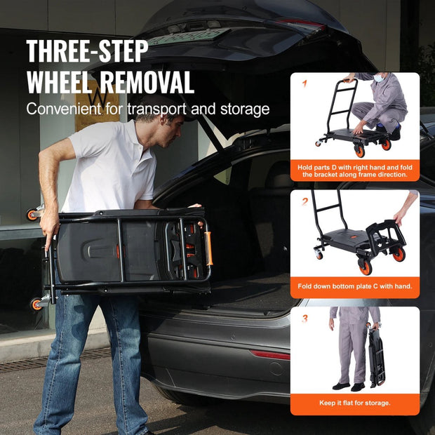 Inklapbare Steekwagen - Opvouwbare Handtruck - 2 in 1 Aluminium Kar - Kar Voor Transport - Magazijn Kar - Ergonomisch Ontwerp - Zwart - Max. 150KG