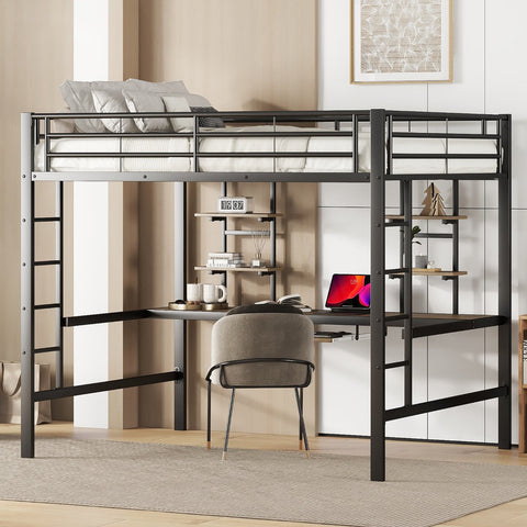 Kinderbed - Zonder Matras - Zonder Stoel - Metalen Bedframe met Bureau en Twee Boekenplanken - Geschikt voor Kinderen - Tieners en Volwassenen - 140x200 cm - Zwart