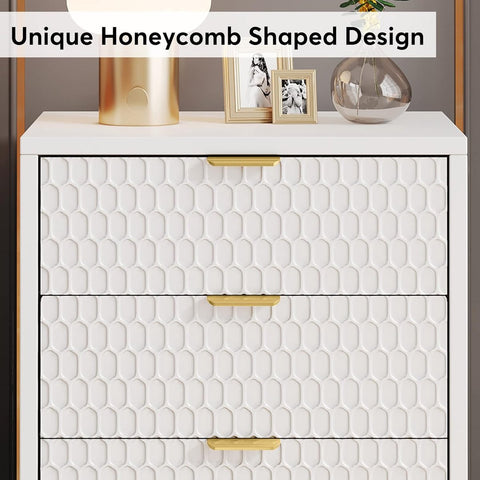 Nachtkastje - Houten Nachtkastjes - Nachtkastje met 3 Lades - Wit en Goud - Nachtkastjes Modern - 40 x 50 x 65.5 cm