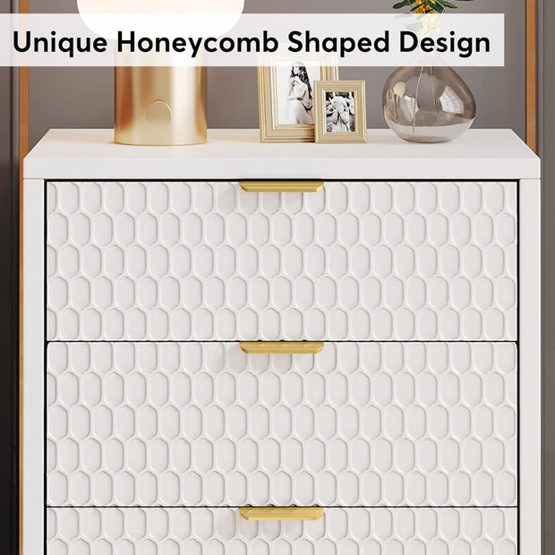 Nachtkastje - Houten Nachtkastjes - Nachtkastje met 3 Lades - Wit en Goud - Nachtkastjes Modern - 40 x 50 x 65.5 cm