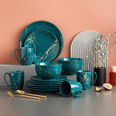 Serviesset - Ceramisch - Donkergroen/Goud - 16-delig - Ontwerp Door Goud Splash - Dinerbord - Dessertbord - Kommen - Koffiekoppen