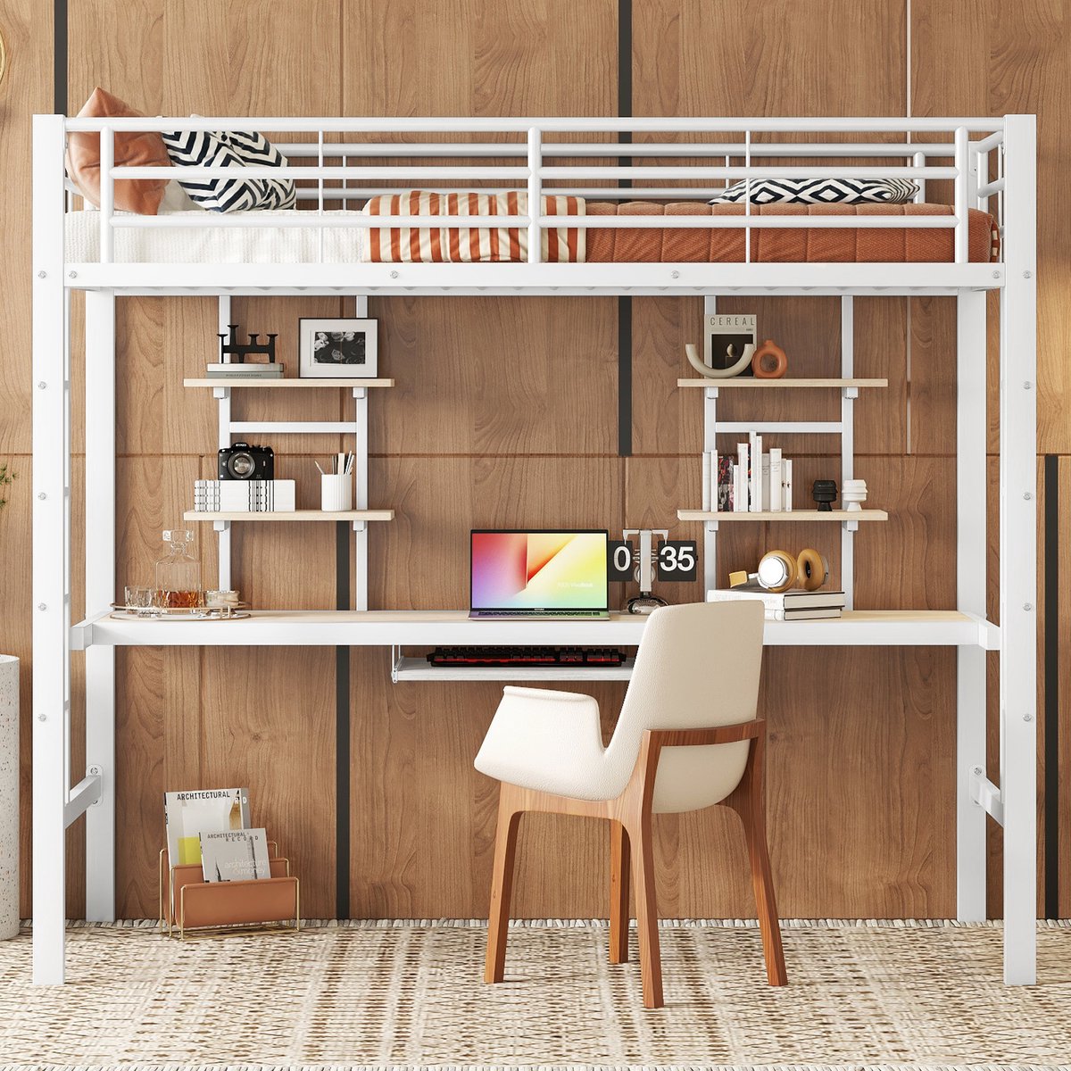 Kinderbed - Zonder matras - Zonder stoel - Metalen Bedframe met Bureau en Twee Boekenplanken - Geschikt voor Kinderen - Tieners en Volwassenen - 90x200 cm - Zwart