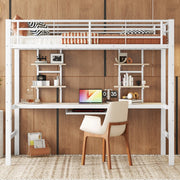 Kinderbed - Zonder matras - Zonder stoel - Metalen Bedframe met Bureau en Twee Boekenplanken - Geschikt voor Kinderen - Tieners en Volwassenen - 90x200 cm - Zwart