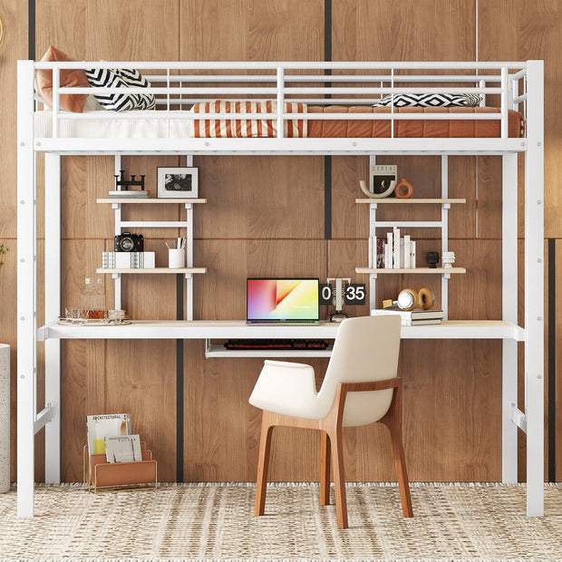 Kinderbed - Zonder matras - Zonder stoel - Metalen Bedframe met Bureau en Twee Boekenplanken - Geschikt voor Kinderen - Tieners en Volwassenen - 90x200 cm - Zwart