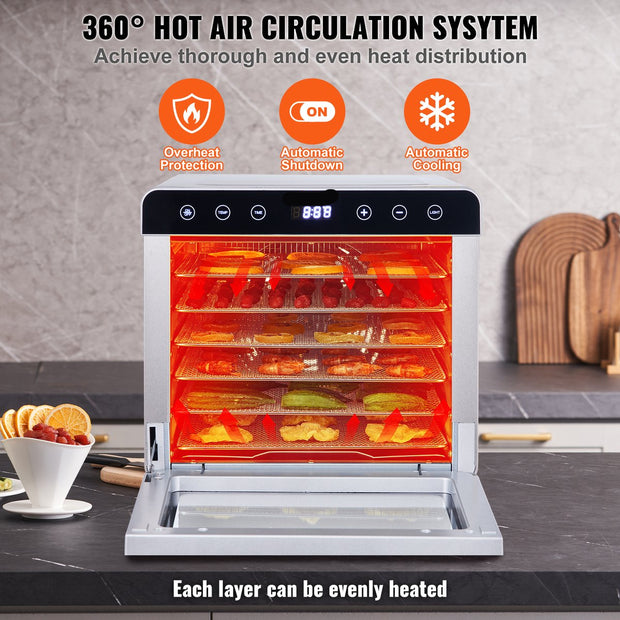 Dehydrator – 700W – 6 Dienbladen – 35-85℃ Temperatuurregeling – Geschikt voor het Drogen van Vlees, Fruit en Groenten – Ideaal voor Keukens en Voedselbereiding