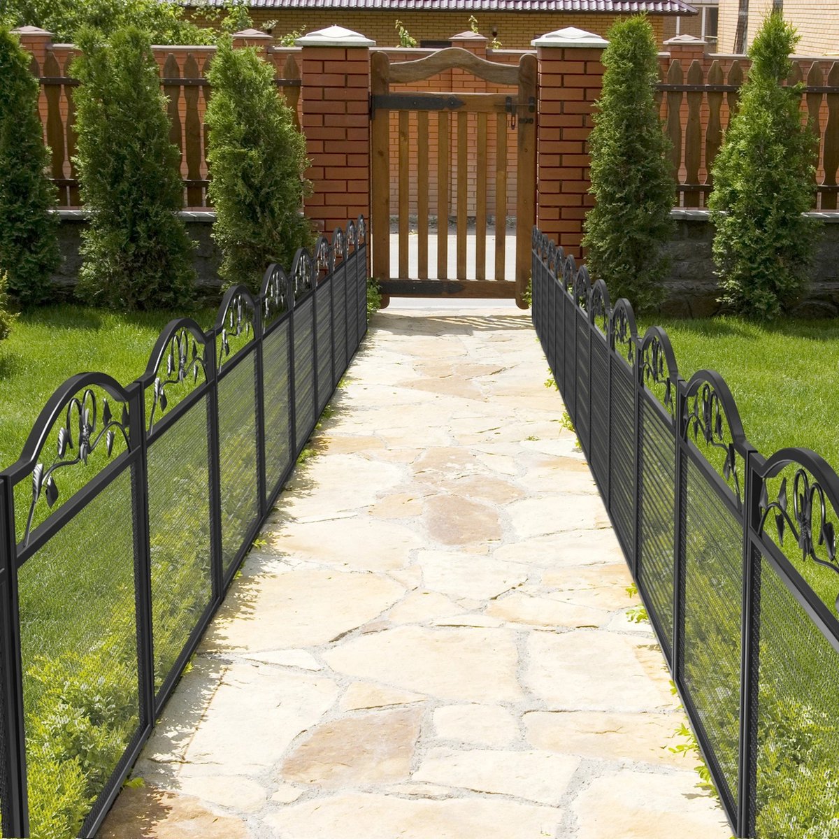 5 Panel Decorative Garden Pathway Fence - Black Metal Garden Dog Animal Barrier Border Outdoor