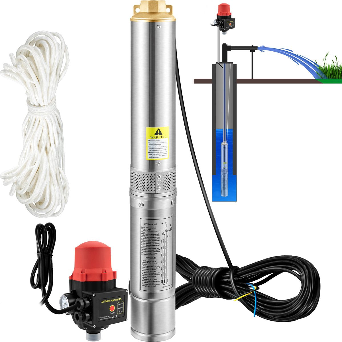 Diepe Bronpomp - Maximale Opvoerhoogte van 62 m - Stroom 105L/min - 750W - 50Hz - IP68 - met Externe Schakelkast en 20 m Stroomkabel - Terugslagklep en Filter - Voor Regentonnen - Reservoirs - Kanalen - Rivieren
