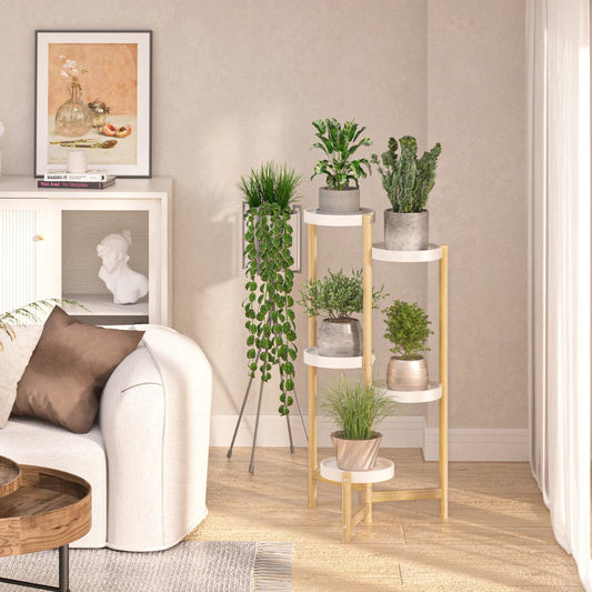Design Plantenrek - 5-Laags - Bamboe- Modern Wit - Plantenstandaard voor Bloempotten - Tuin - Patio - Balkon - Serre - Planten