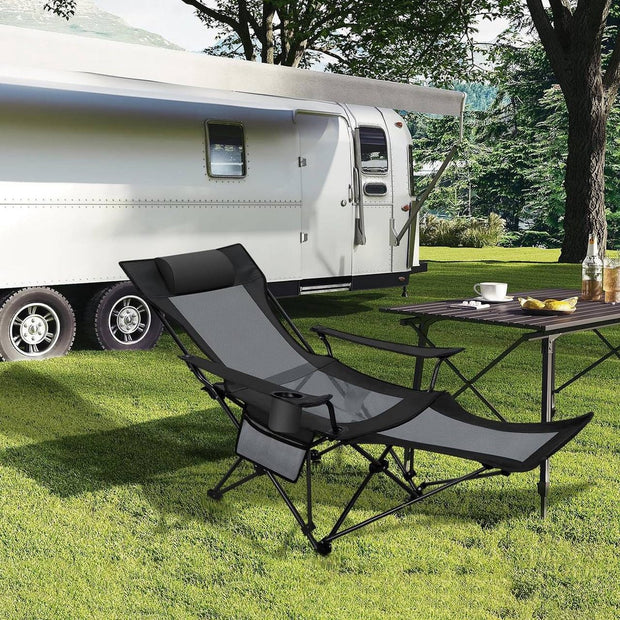 Opvouwbare Campingstoel - 2-in-1 campingstoel - Relaxstoel - Ligstoel met bekerhouder - Verstelbare rugleuning en VoetensteunVerstelbare Rugleuning - Voetensteun - 150 Kg