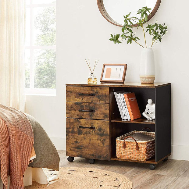 Ladeblok - Rolcontainer - Met wielen - 3 lades - Met 2 open vakken - Houtlook - Bruin zwart