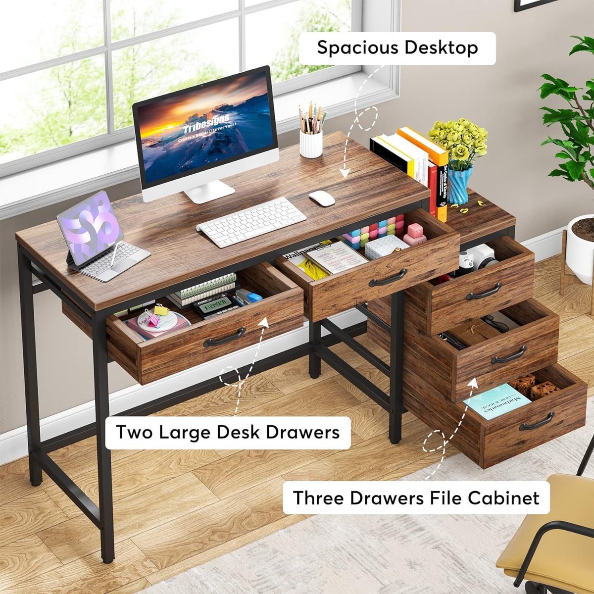 Bureau - Bureau met 5 Schakelbare Ladekast - Computerbureau - Computer Tafel - Bureautafel Bruin - 130 x 45 x 82 cm