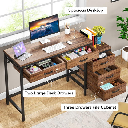 Bureau - Bureau met 5 Schakelbare Ladekast - Computerbureau - Computer Tafel - Bureautafel Bruin - 130 x 45 x 82 cm