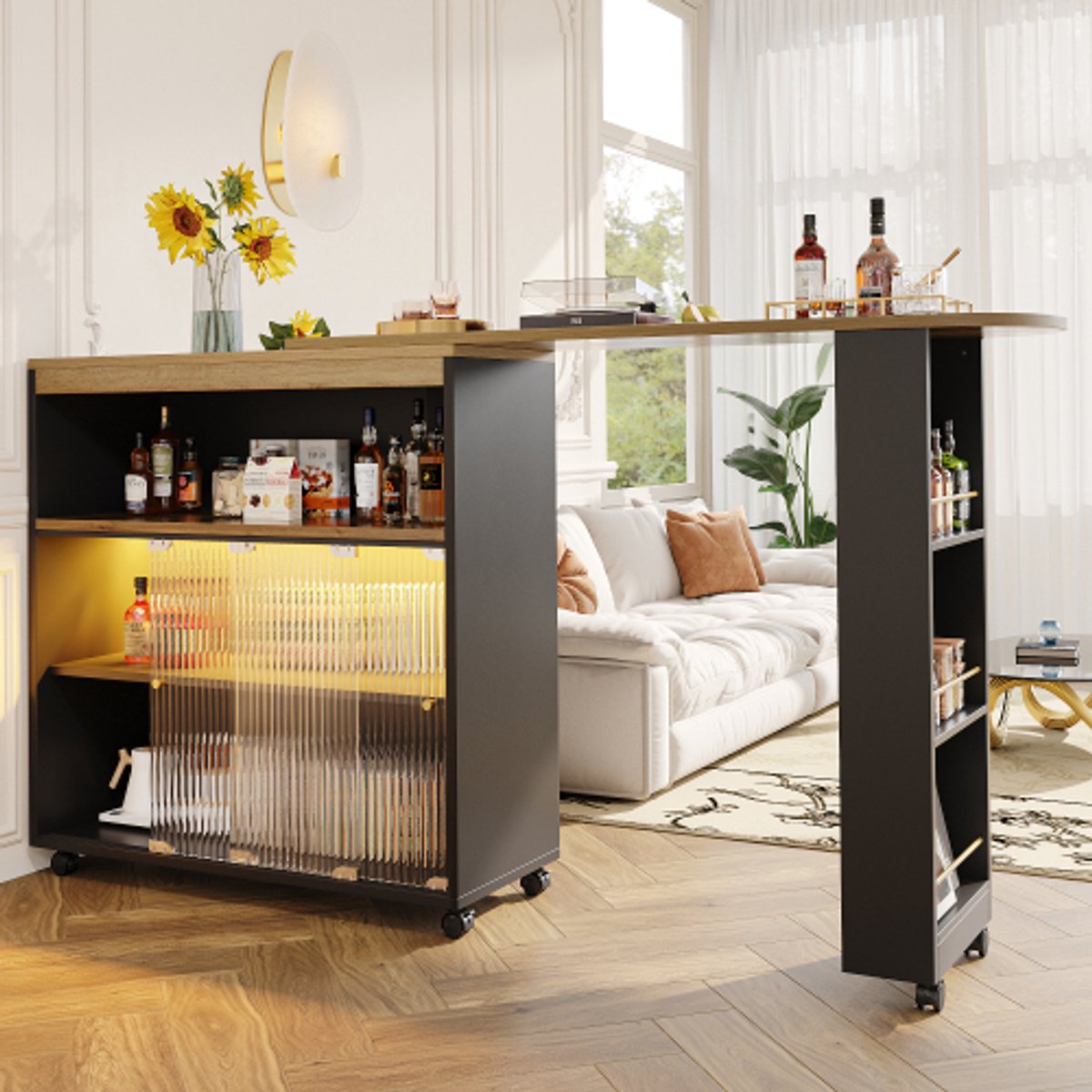 Uitschuifbare Bartafel met Opbergruimte - Moderne Verplaatsbare Bartafel - Telescopische Bartafel met LED - Bartafel - Bistrotafel - Hoge Tafel - Kookeiland - Bistrotafel - (138-204×39×105cm) - Zwart