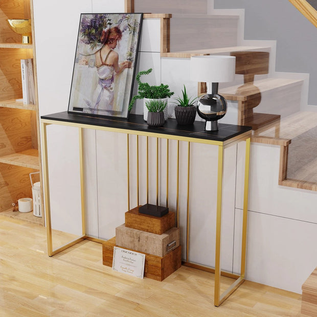 Luxe sidetable - Muurtafel - Wandtafel - Bijzettafel - Console tafel - Wandbureau - Kaptafel - Bartafel - Zwart marmer blad - Goud frame - 100 x 300 x 78.5cm