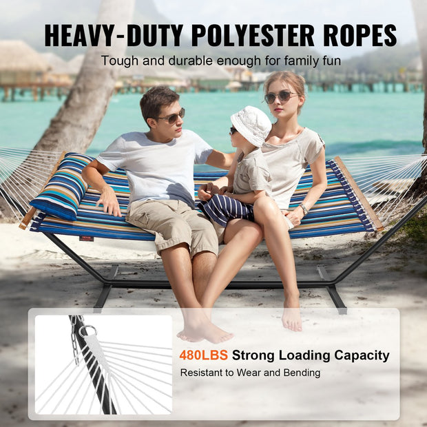 Hangmat - Voor 2-Persoons - met T-vormige Standaard - Draagvermogen 207 kg - Blauwe Cyaan Strepen - met Stalen Standaard van 3,5 meter en Draagbare Draagtas en Kussen - Hangmat voor Buiten - Terras - Tuin - 1,4 x 1,9 m