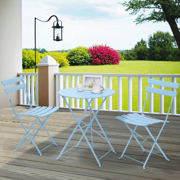 Bistro set 2 persons - Garden table round - Foldable - Collapsible - High quality and durable metal - Garden furniture - Garden chairs - Light blue
