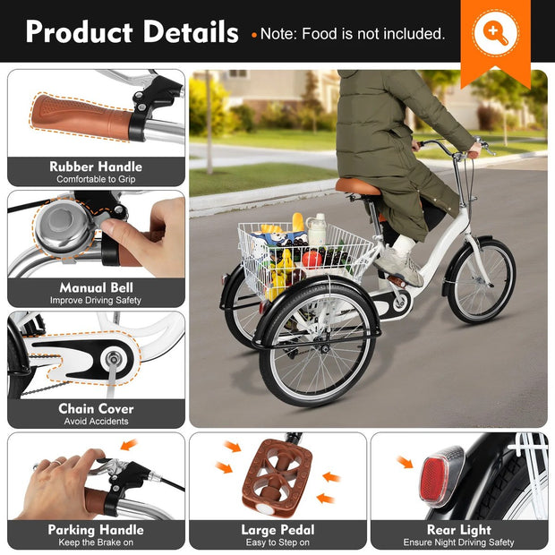 Driewieler - 20 Inch - Driewielige Fiets Met Mandje - Geschikt Voor Ouderen - Winkelen Transport - Wit